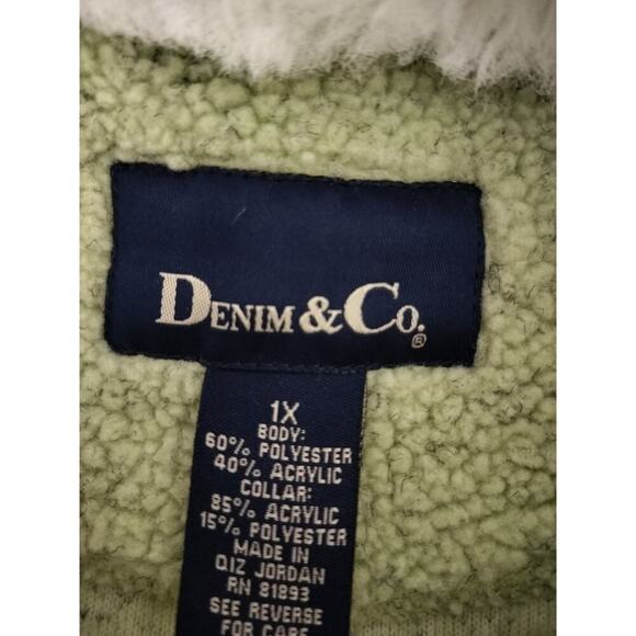 3156)Denim & Co Green Sherpa Zip Up  Jacket with  White Faux Fur Collar Plus 1X - Picture 9 of 10